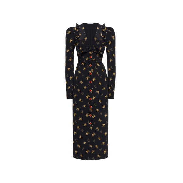 Alessandra Rich Floral-Print Silk Midi Dress with V-Neckline in Black and Yellow