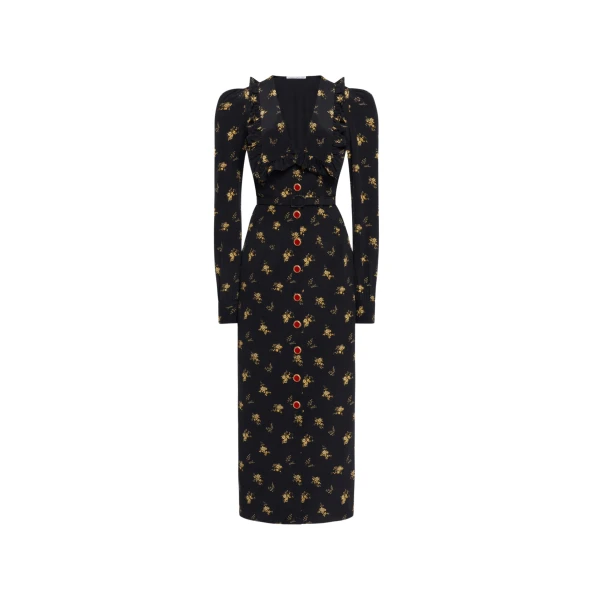 Alessandra Rich Floral-Print Silk Midi Dress with V-Neckline in Black and Yellow