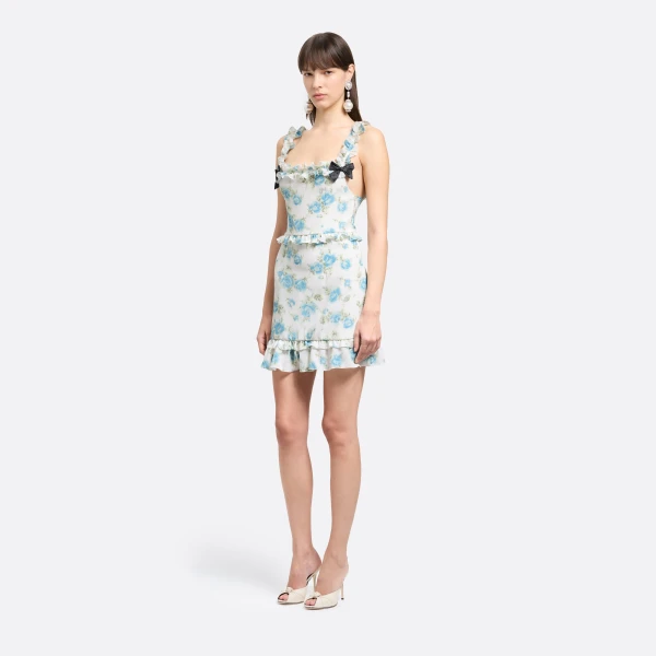 Alessandra Rich Floral-Print Silk Mini Dress with Ruffles in Light Blue and White, view 2