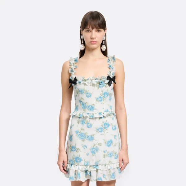 Alessandra Rich Floral-Print Silk Mini Dress with Ruffles in Light Blue and White, view 3