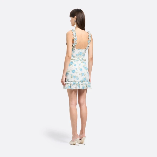 Alessandra Rich Floral-Print Silk Mini Dress with Ruffles in Light Blue and White, view 4
