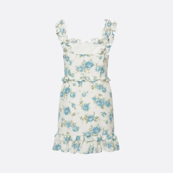 Alessandra Rich Floral-Print Silk Mini Dress with Ruffles in Light Blue and White, view 5