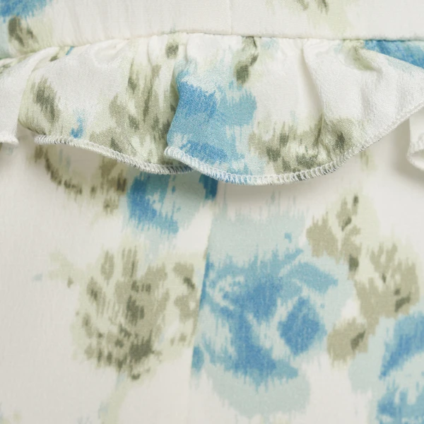 Alessandra Rich Floral-Print Silk Mini Dress with Ruffles in Light Blue and White, view 6