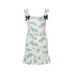 Alessandra Rich Floral-Print Silk Mini Dress with Ruffles in Light Blue and White