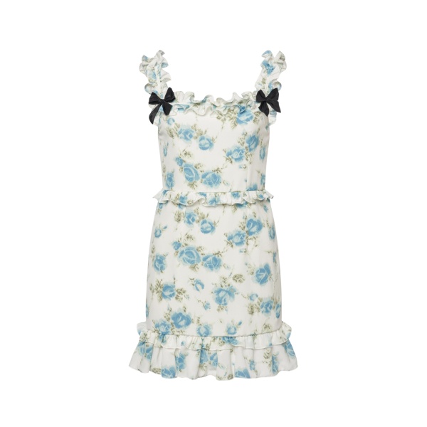 Alessandra Rich Floral-Print Silk Mini Dress with Ruffles in Light Blue and White