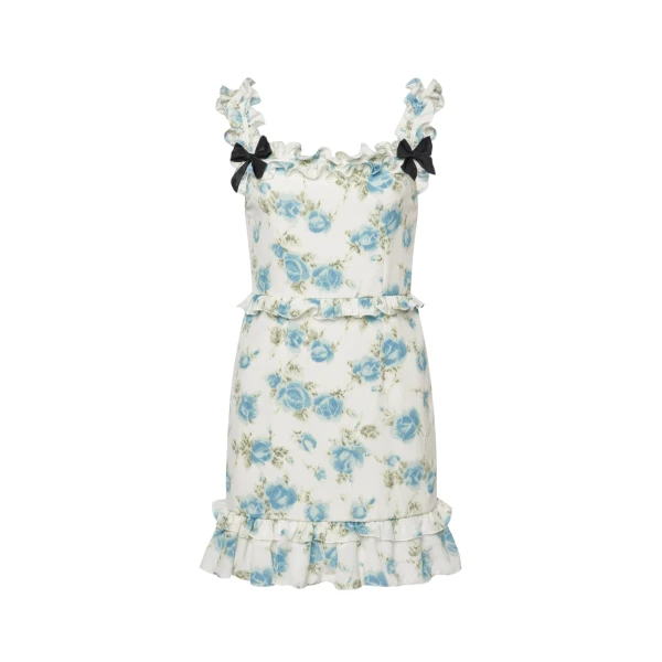 Alessandra Rich Floral-Print Silk Mini Dress with Ruffles in Light Blue and White