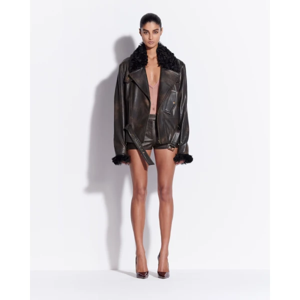 Alex Perry Biker Jacket in Leather, Dark Brown, view 2