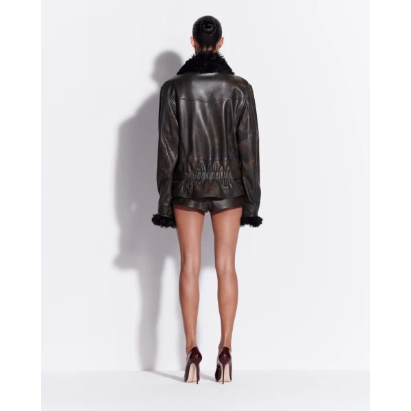 Alex Perry Biker Jacket in Leather, Dark Brown, view 3