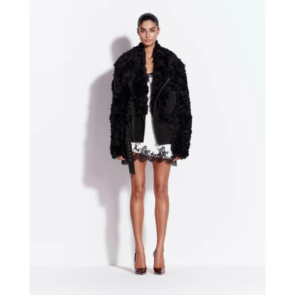 Alex Perry Biker Jacket in Shearling Suede, Black, view 2