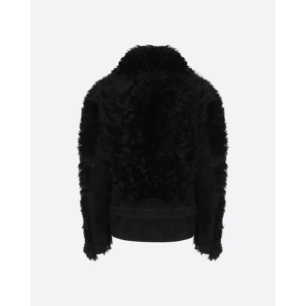 Alex Perry Biker Jacket in Shearling Suede, Black, view 4