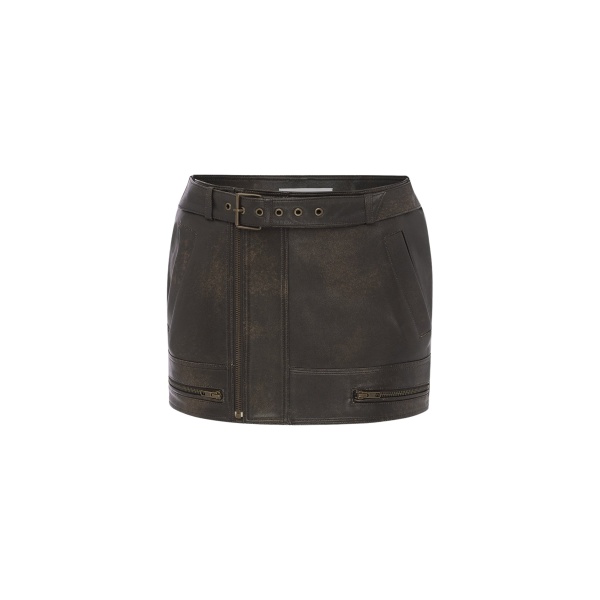 Alex Perry Biker Mini Skirt in Leather, Dark Brown