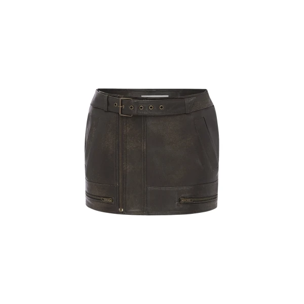 Alex Perry Biker Mini Skirt in Leather, Dark Brown