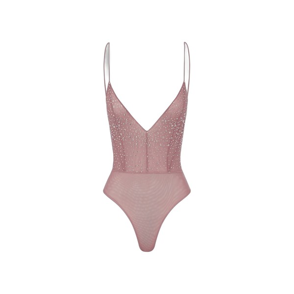 Alex Perry Bikini Bodysuit in Crystal Mesh, Dusty Rose