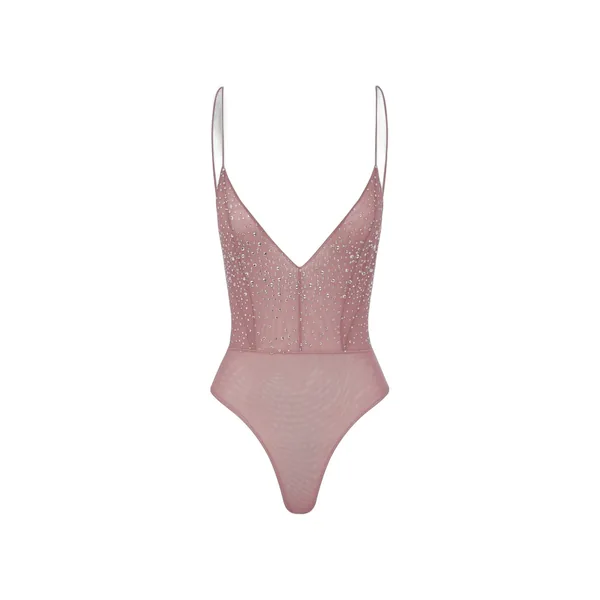 Alex Perry Bikini Bodysuit in Crystal Mesh, Dusty Rose