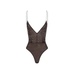 Alex Perry Bikini Bodysuit in Crystal Mesh, Espresso