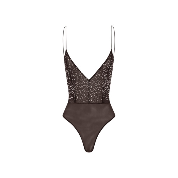 Alex Perry Bikini Bodysuit in Crystal Mesh, Espresso