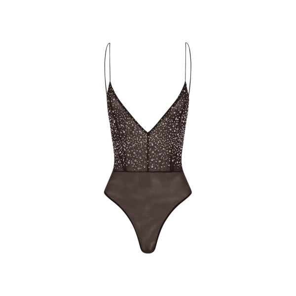 Alex Perry Bikini Bodysuit in Crystal Mesh, Espresso