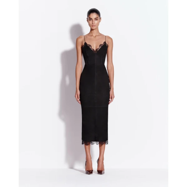 Alex Perry Bikini Dress in Suede with Lace Trim, Black, view 2