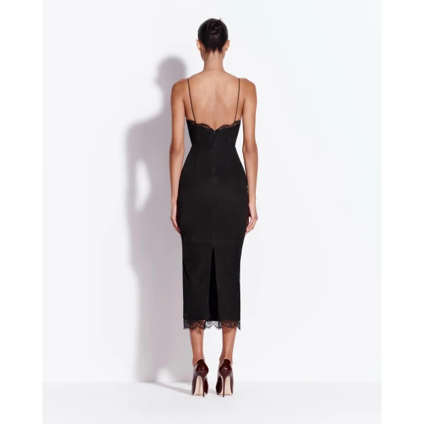 Alex Perry Bikini Dress in Suede with Lace Trim, Black, view 3