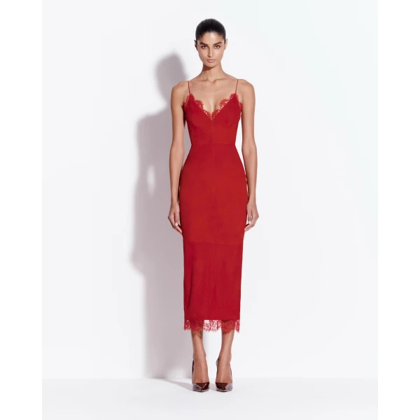 Alex Perry Bikini Dress in Suede with Lace Trim, Red, view 2