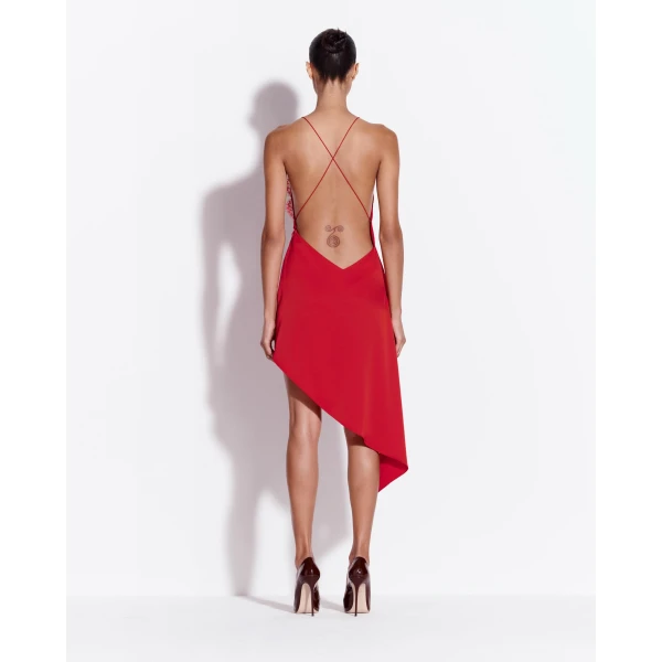 Alex Perry Bikini Wrap Asymmetric Dress in Satin Crepe, Red, view 3