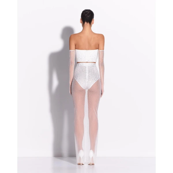 Alex Perry Column Skirt in Crystal Mesh, White, view 3