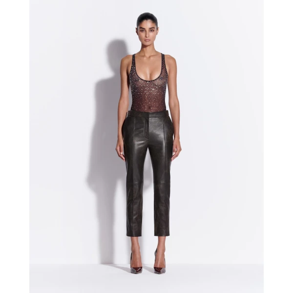 Alex Perry Crop Trouser in Leather, Dark Brown, view 2