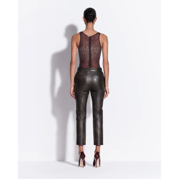Alex Perry Crop Trouser in Leather, Dark Brown, view 3
