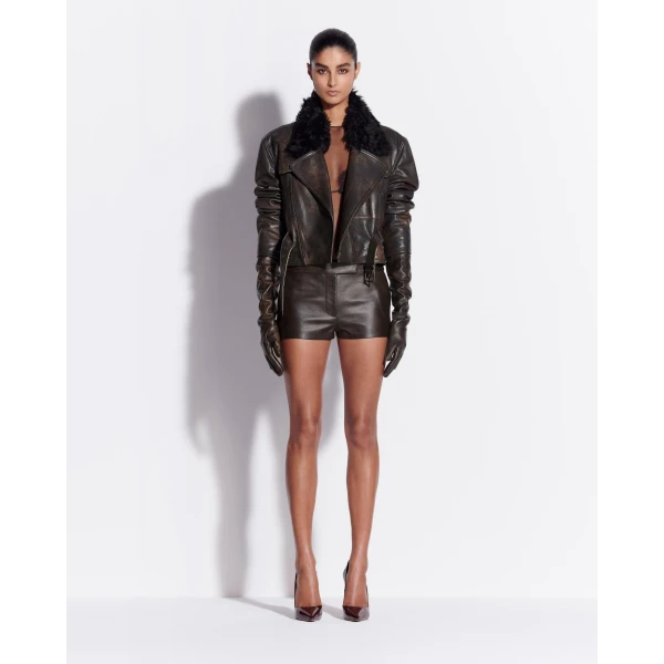 Alex Perry Cropped Biker Jacket in Leather, Dark Brown, view 2