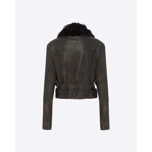 Alex Perry Cropped Biker Jacket in Leather, Dark Brown, view 4