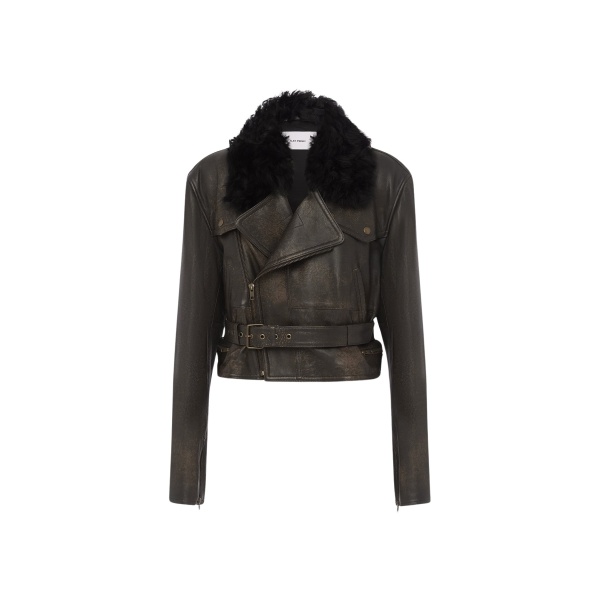 Alex Perry Cropped Biker Jacket in Leather, Dark Brown