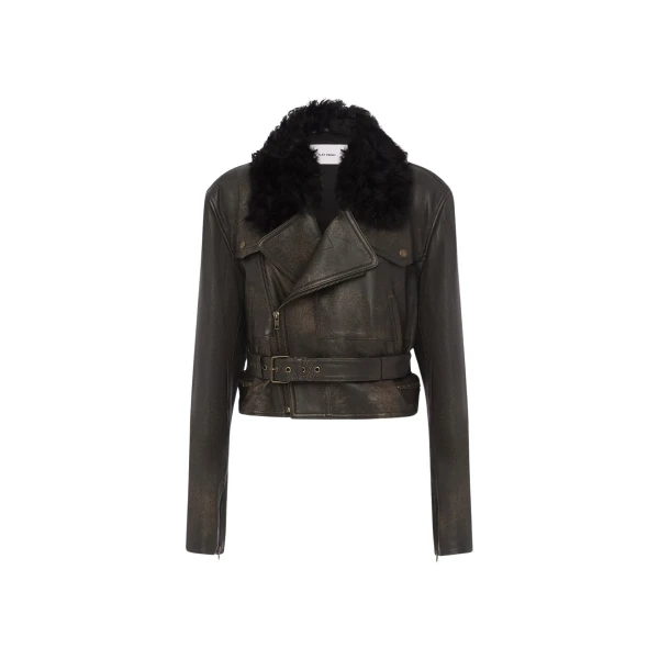 Alex Perry Cropped Biker Jacket in Leather, Dark Brown