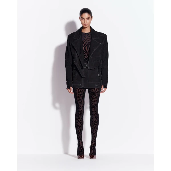 Alex Perry Cropped Biker Jacket in Suede, Black, view 2