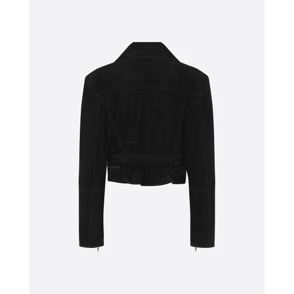 Alex Perry Cropped Biker Jacket in Suede, Black, view 4