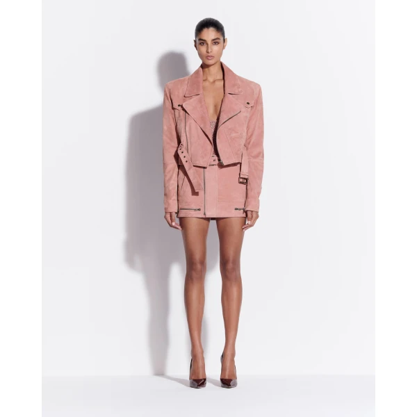 Alex Perry Cropped Biker Jacket in Suede, Dusty Rose, view 2