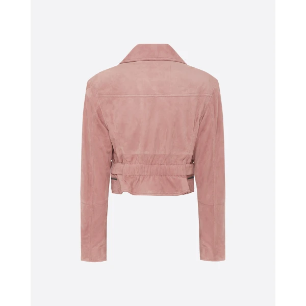Alex Perry Cropped Biker Jacket in Suede, Dusty Rose, view 4