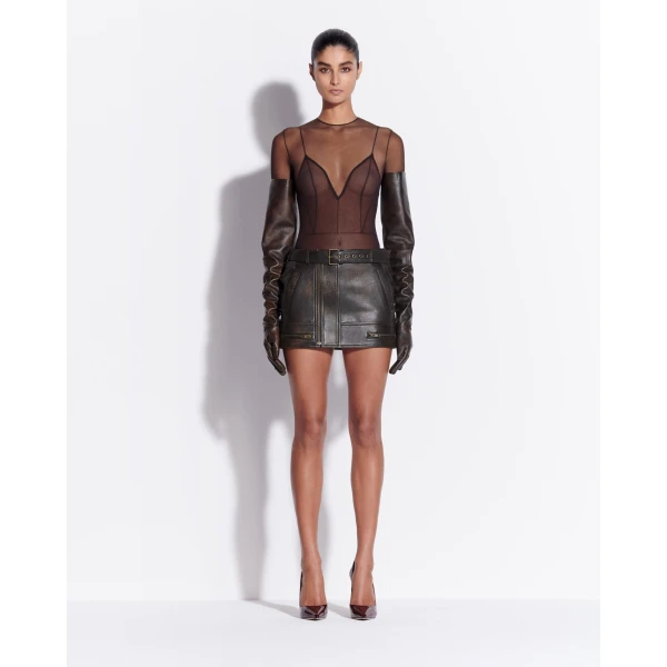 Alex Perry Long Sleeve Bodysuit in Fine Mesh, Espresso, view 2