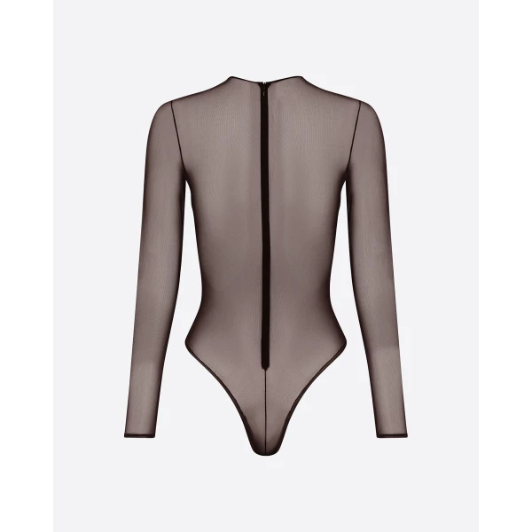 Alex Perry Long Sleeve Bodysuit in Fine Mesh, Espresso, view 4