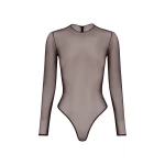 Alex Perry Long Sleeve Bodysuit in Fine Mesh, Espresso