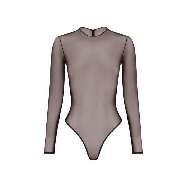 Alex Perry Long Sleeve Bodysuit in Fine Mesh, Espresso