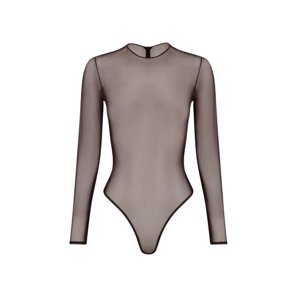 Alex Perry Long Sleeve Bodysuit in Fine Mesh, Espresso