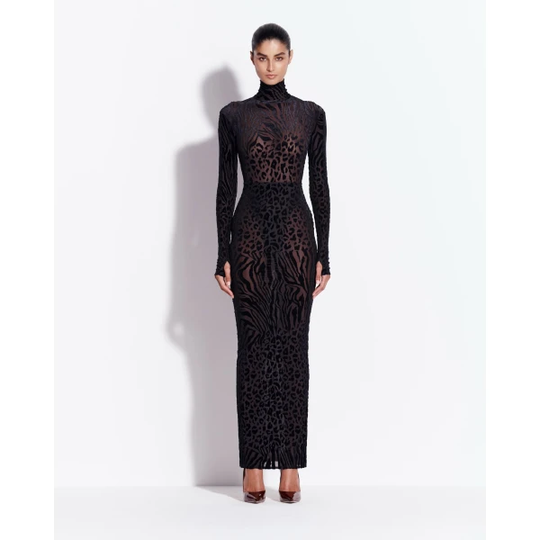 Alex Perry Long Sleeve Column in Burnout, Black Dress, view 2