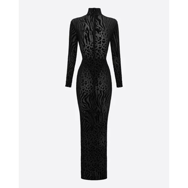 Alex Perry Long Sleeve Column in Burnout, Black Dress, view 4
