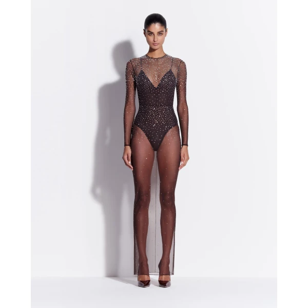 Alex Perry Long Sleeve Column in Crystal Mesh, Espresso Dress, view 2