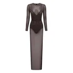 Alex Perry Long Sleeve Column in Crystal Mesh, Espresso Dress