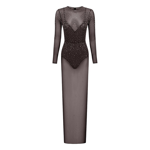 Alex Perry Long Sleeve Column in Crystal Mesh, Espresso Dress