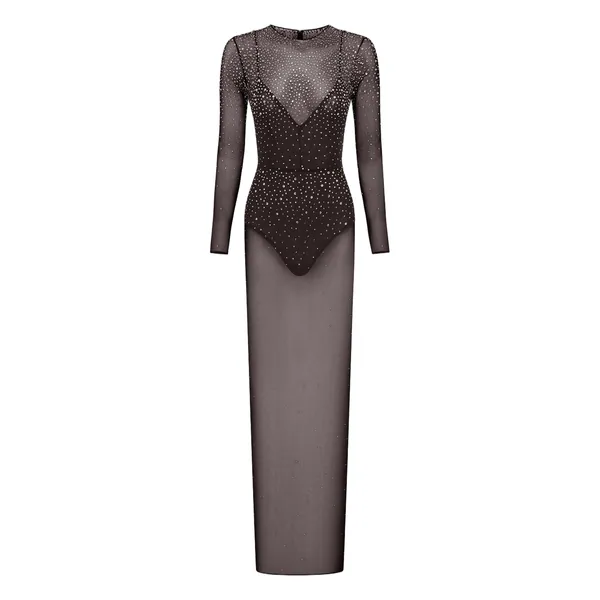 Alex Perry Long Sleeve Column in Crystal Mesh, Espresso Dress