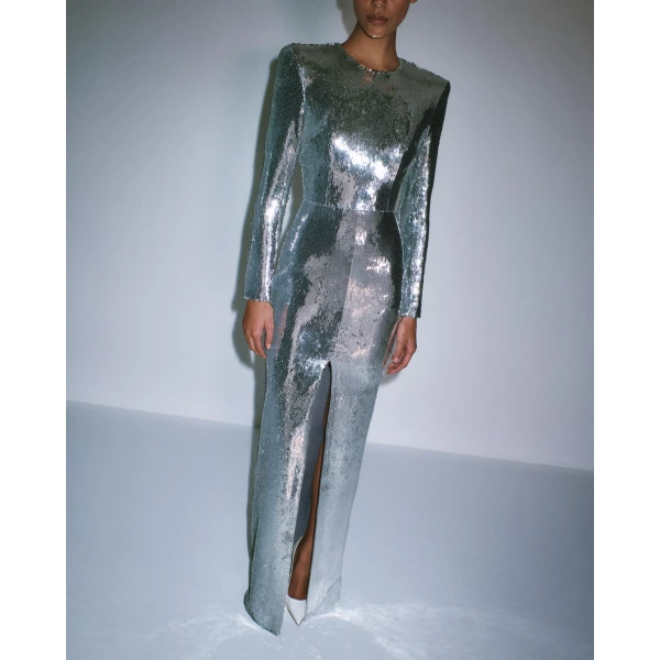 Alex Perry Long Sleeve Column in Sequin, Silver Dress, view 2
