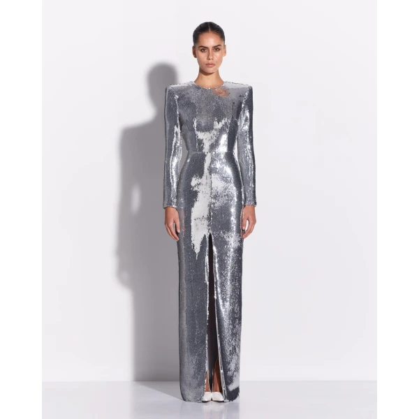 Alex Perry Long Sleeve Column in Sequin, Silver Dress, view 3
