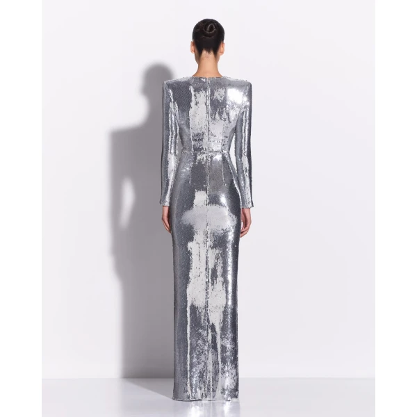 Alex Perry Long Sleeve Column in Sequin, Silver Dress, view 4